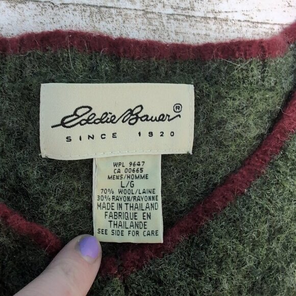 Vintage Eddie Bauer Green Striped Wool Crewneck Sweater Men Size Large - Picture 2 of 5